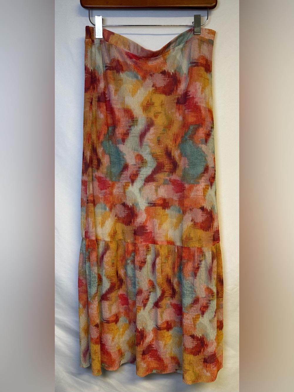 Daniel Rainn Abstract Watercolor Maxi Skirt in Rust, Mustard & Teal